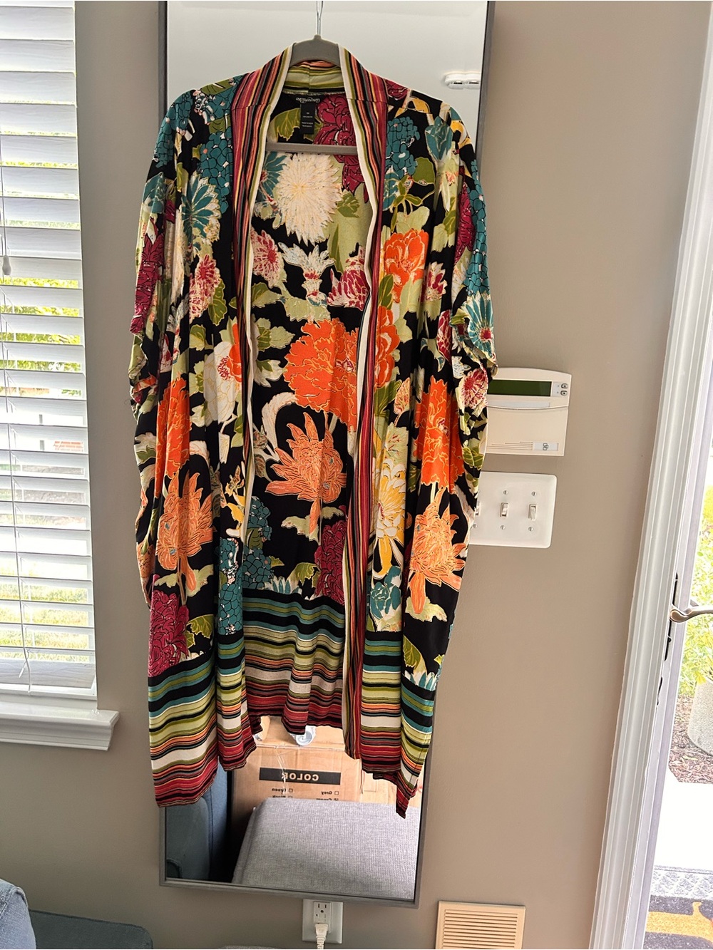 Millennium Floral Stripe Open-Front Swim Coverup in Black and Multicolor